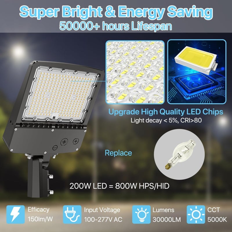 Hyperlite LED Parking Lot Lights Outdoor - 200W 30000LM Dusk to Dawn LED Parking Lot with Slip Fitter - 5000K UL Listed IP65 Waterproof Outdoor Commercial Area Lighting for Driveways Sport Barn - Image 2